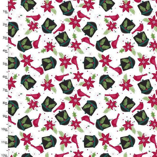 Holiday Wonder Red Bird Cardinal and Hat White 3 Wishes Cotton Fabric