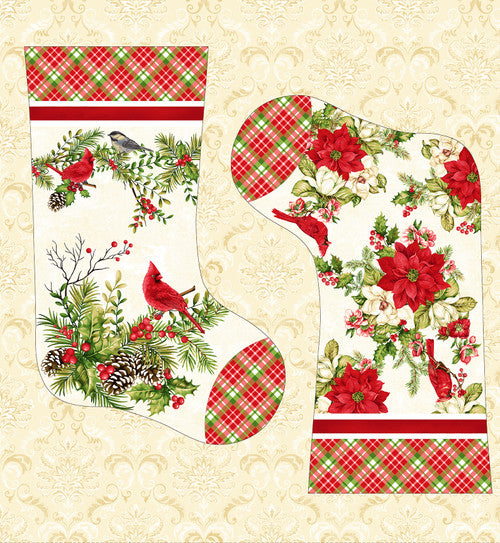Holly Berry Park Stocking Panel 24” Cream Art Loft Studio E Cotton Fabric
