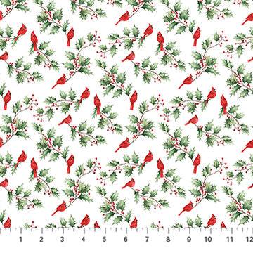 Holly Jolly Cardinal and Holly White Multi EML Studio Northcott Cotton Fabric NC-28816-10