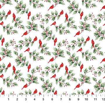Holly Jolly Cardinal and Holly White Multi EML Studio Northcott Cotton Fabric NC-28816-10 | US Fabric Shop