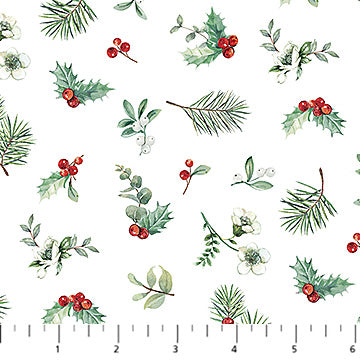 Home for Christmas Greenery Toss White Multi Deborah Edwards Northcott Cotton Fabric NC-DP28930-10