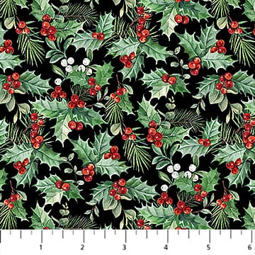 Home for Christmas Packed Holly Black Multi Deborah Edwards Northcott Cotton Fabric NC-DP28929-99 | US Fabric Shop