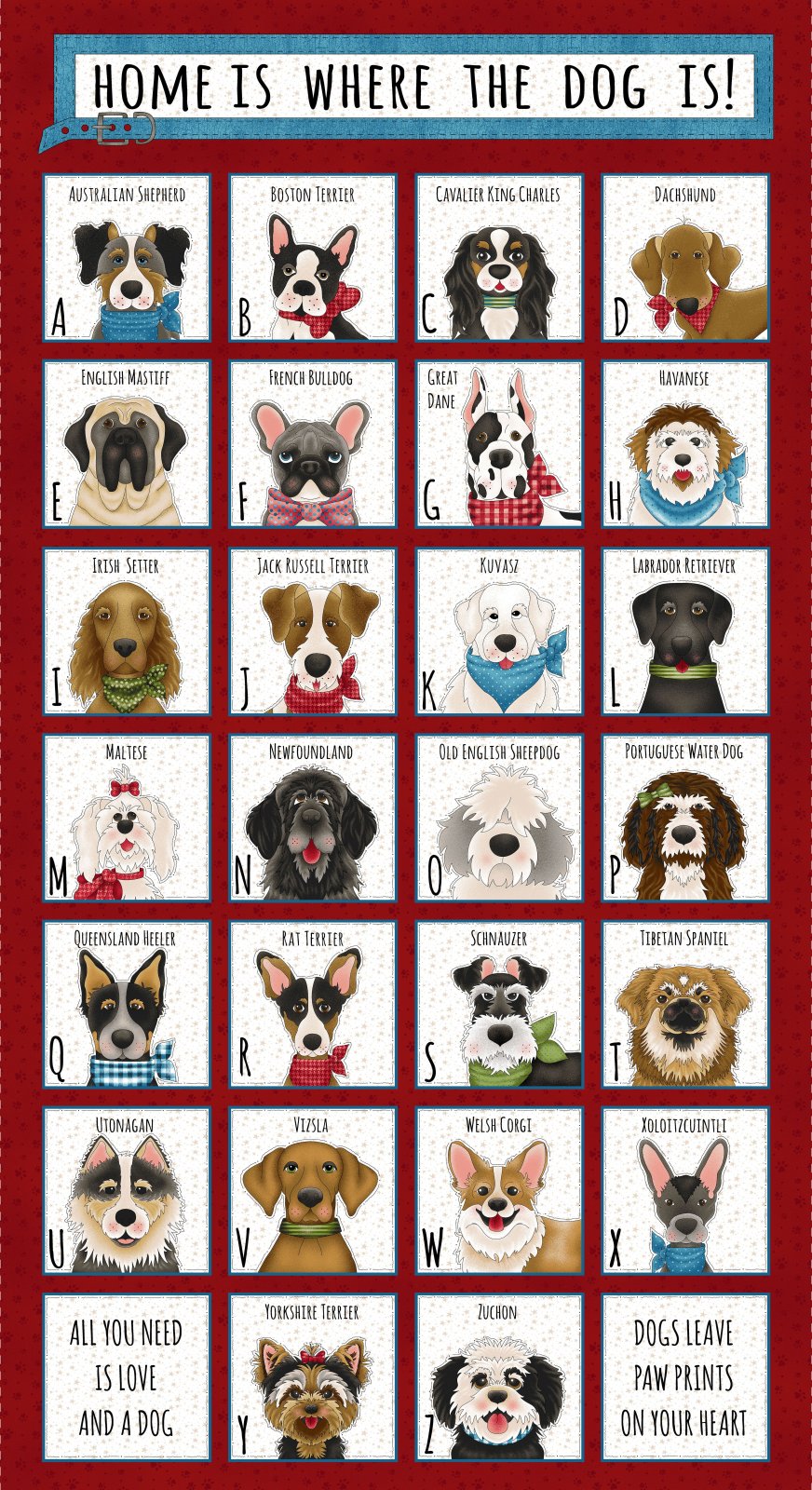 Home is Where the Dog Is II Alphabet Panel 24" Red Kuebler The Whole Country Caboodle Henry Glass Cotton Fabric HG-1867P-88