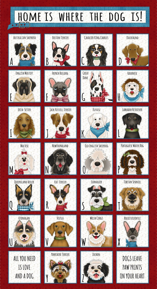 Home is Where the Dog Is II Alphabet Panel 24" Red Kuebler The Whole Country Caboodle Henry Glass Cotton Fabric HG-1867P-88