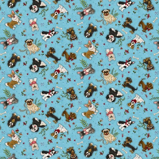 Home is Where the Dog Is (II) Small Dogs Blue Kuebler The Whole Country Caboodle Henry Glass Cotton Fabric HG-1862-11