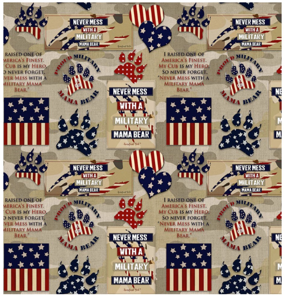 Homefront Girl Military Mama Bear Camo Allover Sykel Cotton Fabric