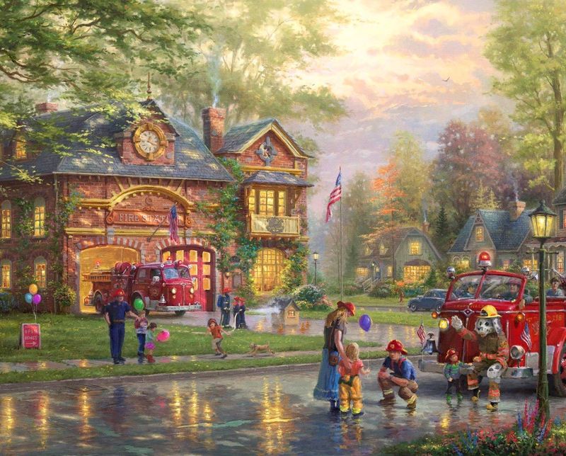 Hometown Firehouse Panel 36" Thomas Kinkade David Textiles Cotton Fabric DT-TK-2039-9C-1