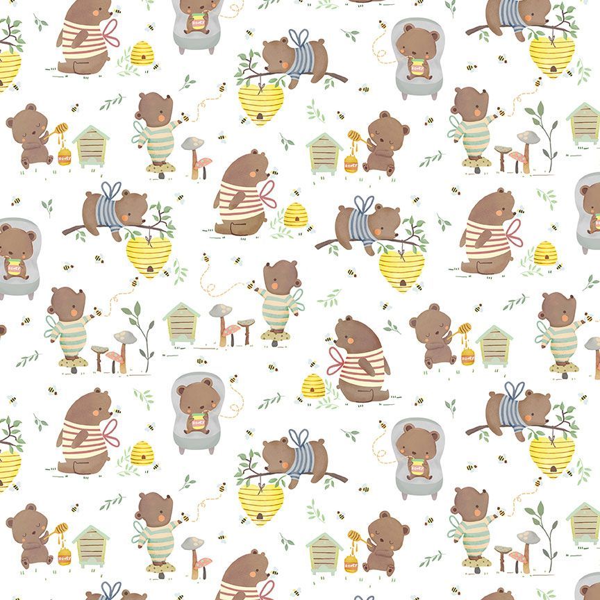 Honey Bear Bears & Bees Scenic White Timeless Treasures Cotton Fabric TT-KIDZ-CD3487-White