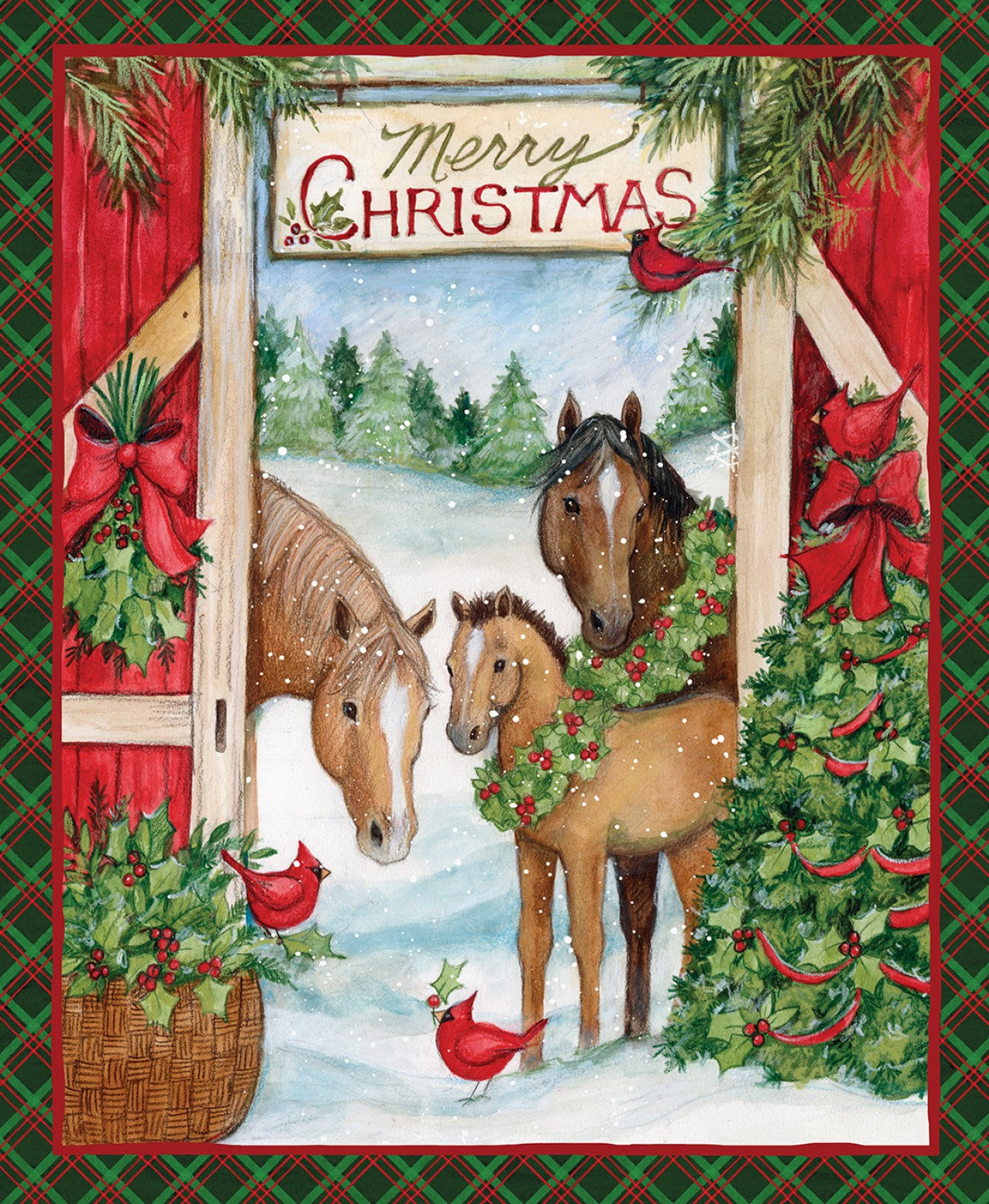 Horse Three Horses Cardinal Christmas Holiday Panel 36" Susan Winget Springs Creative Cotton Fabric