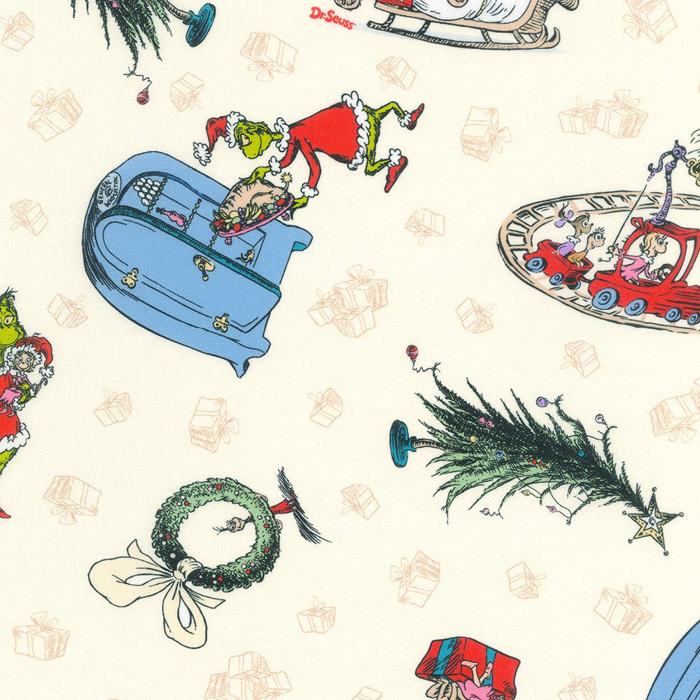 Dr Seuss How the Grinch Stole Christmas Grinch Scenic Holiday Cream Robert Kaufman Cotton Fabric RK-ADED-21775-223