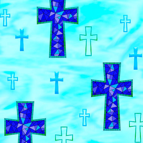 How Sweet the Sound Amazing Grace Stained Glass Crosses Aqua Quilting Treasures Cotton Fabric