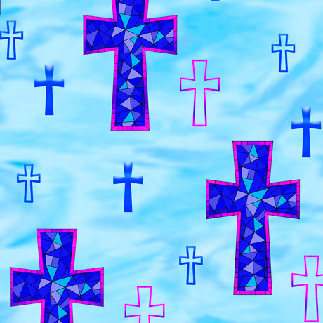 How Sweet the Sound Amazing Grace Stained Glass Crosses Blue Quilting Treasures Cotton Fabric