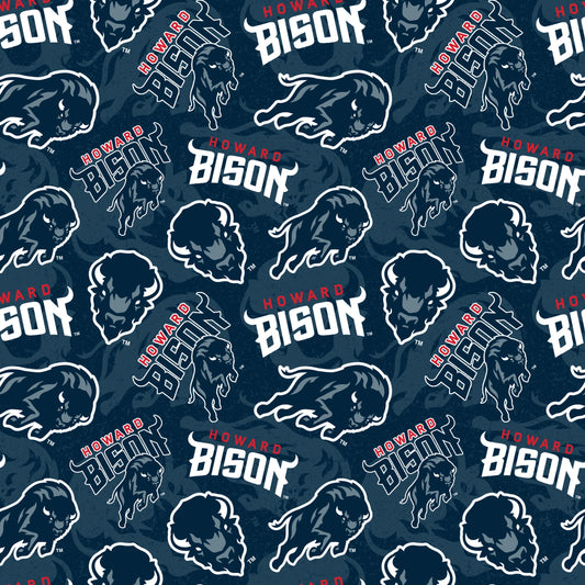 Howard Bison NCAA College Tone on Tone Logo Navy Blue Sykel Cotton Fabric HOW-1178