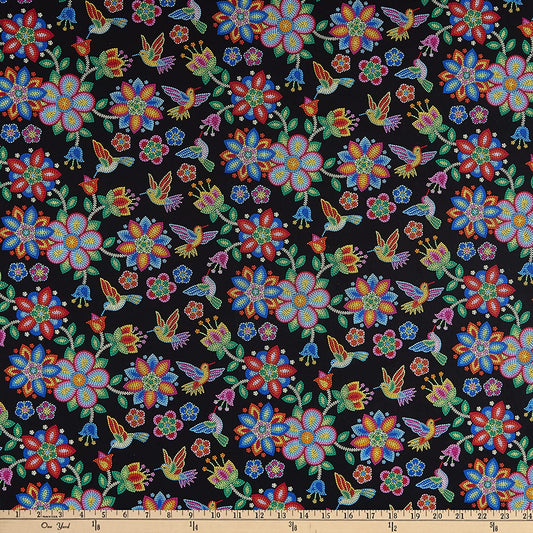 Tucson Beaded Hummingbird Black Elizabeth's Studio Cotton Fabric ES-640 Black