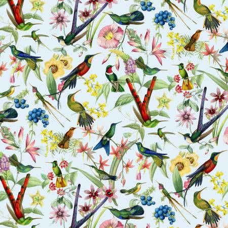 Hummingbird Heaven Allover Blue Elizabeth Isles Elizabeth's Studio Cotton Fabric