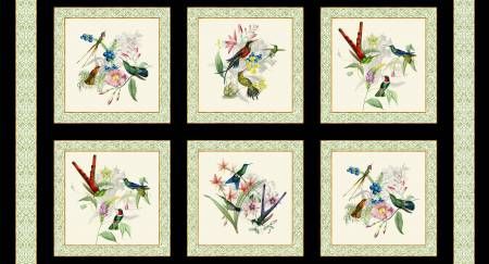 Hummingbird Heaven Block Panel 24" Black Elizabeth Isles Elizabeth's Studio Cotton Fabric