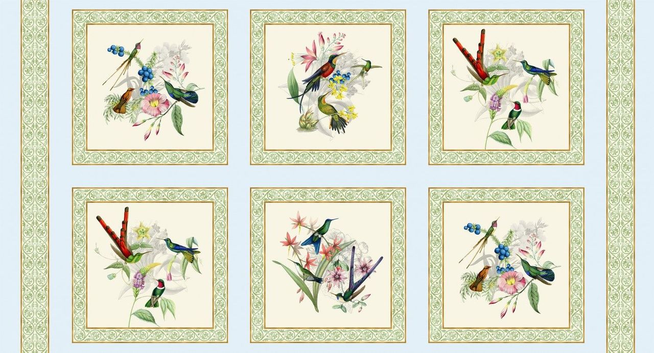 Hummingbird Heaven Block Panel 24" Blue Elizabeth Isles Elizabeth's Studio Cotton Fabric
