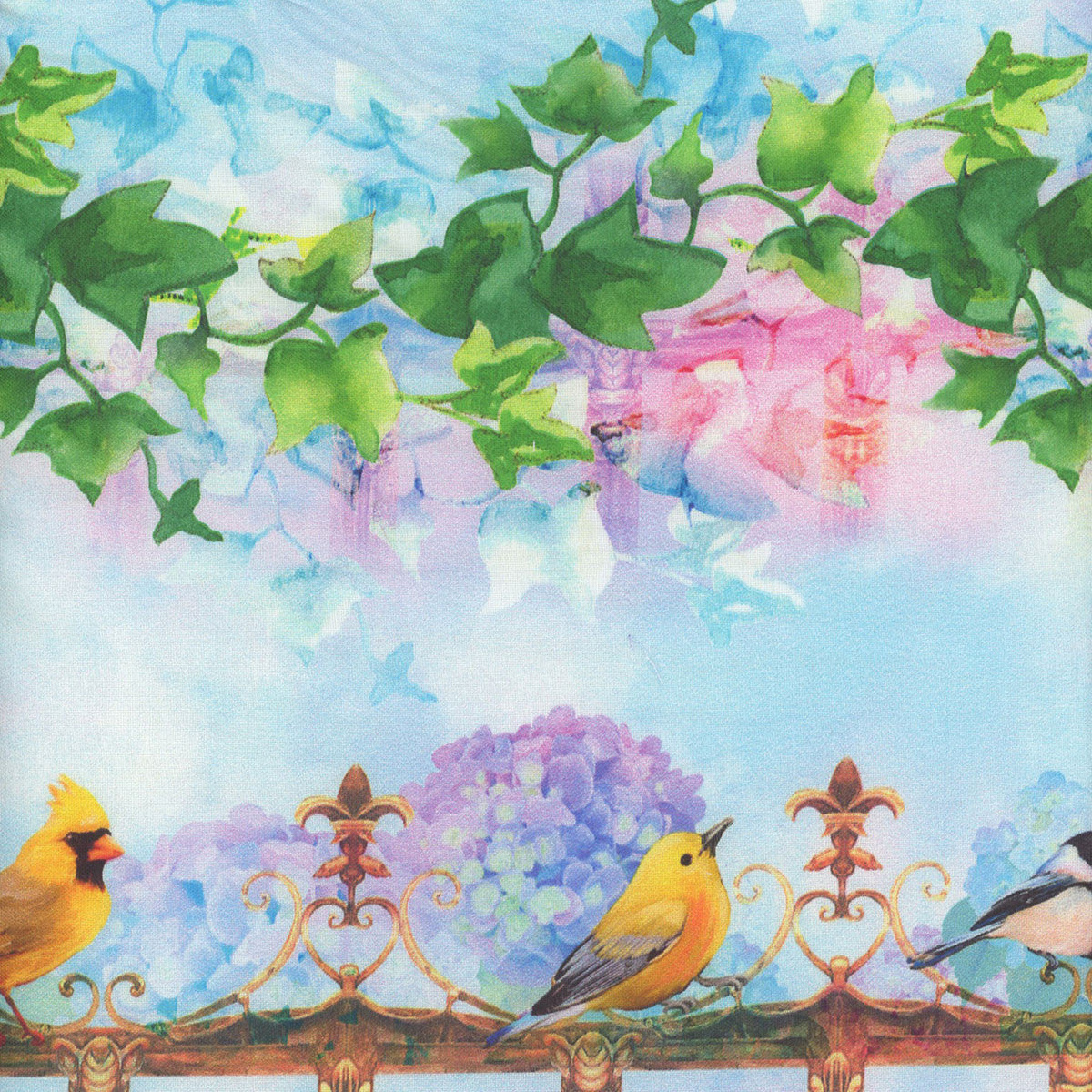 Hydrangea Garden Birds on the Fence Stripe Sky Blue Jenni Lee Studio E Cotton Fabric