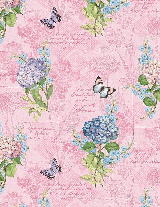 Hydrangea Mist Monograph Floral Butterflies Pink Susan Winget Wilmington Prints Cotton Fabric