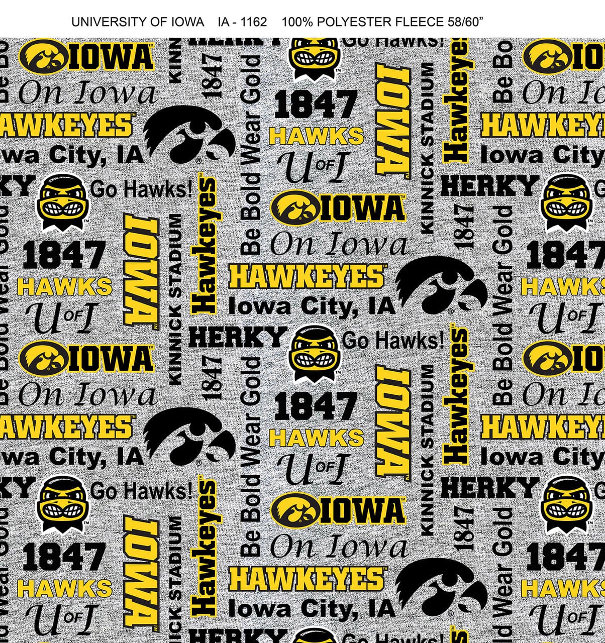 Iowa Hawkeyes NCAA College Heather Verbiage Sykel Enterprises Polyester Fleece Fabric IA-1162 | US Fabric Shop