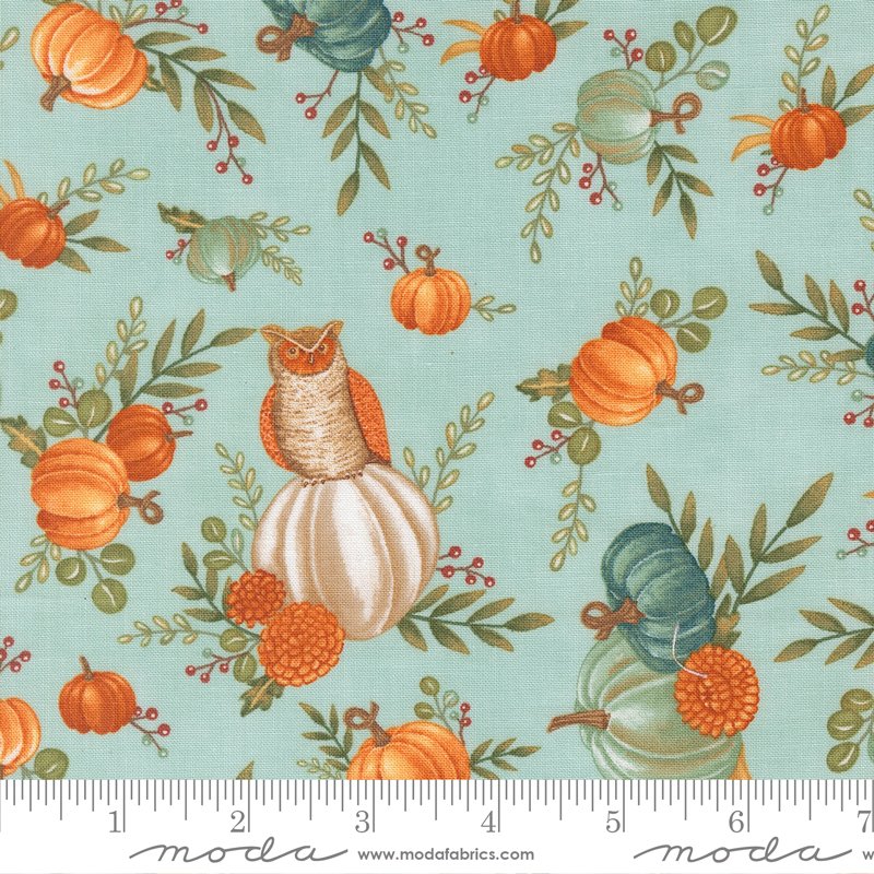 I Love Fall Most of All Pumpkins & Owls Dark Aqua Blue Deb Strain Moda Fabrics Cotton Fabric MD-56140-14
