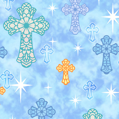 I'll Be A Sunbeam Crosses Blue Cindy Sepp Quilting Treasures Cotton Fabric