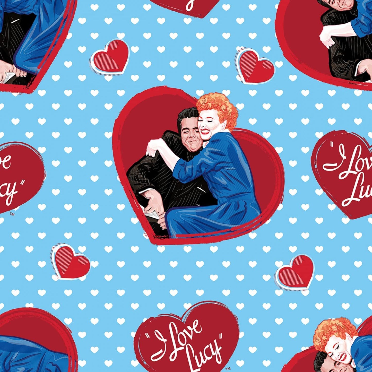 I love Lucy Ricky and Lucy Heart Toss Blue Springs Creative Cotton Fabric