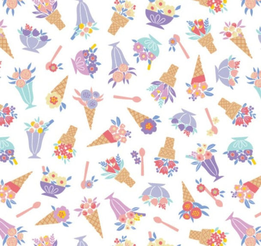 Ice Cream Blossoms Tossed Floral White Camelot Fabrics Cotton Fabric