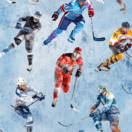 Ice Hockey Players Light Blue Skyline Studio Benartex Cotton Fabric BE-16886-50