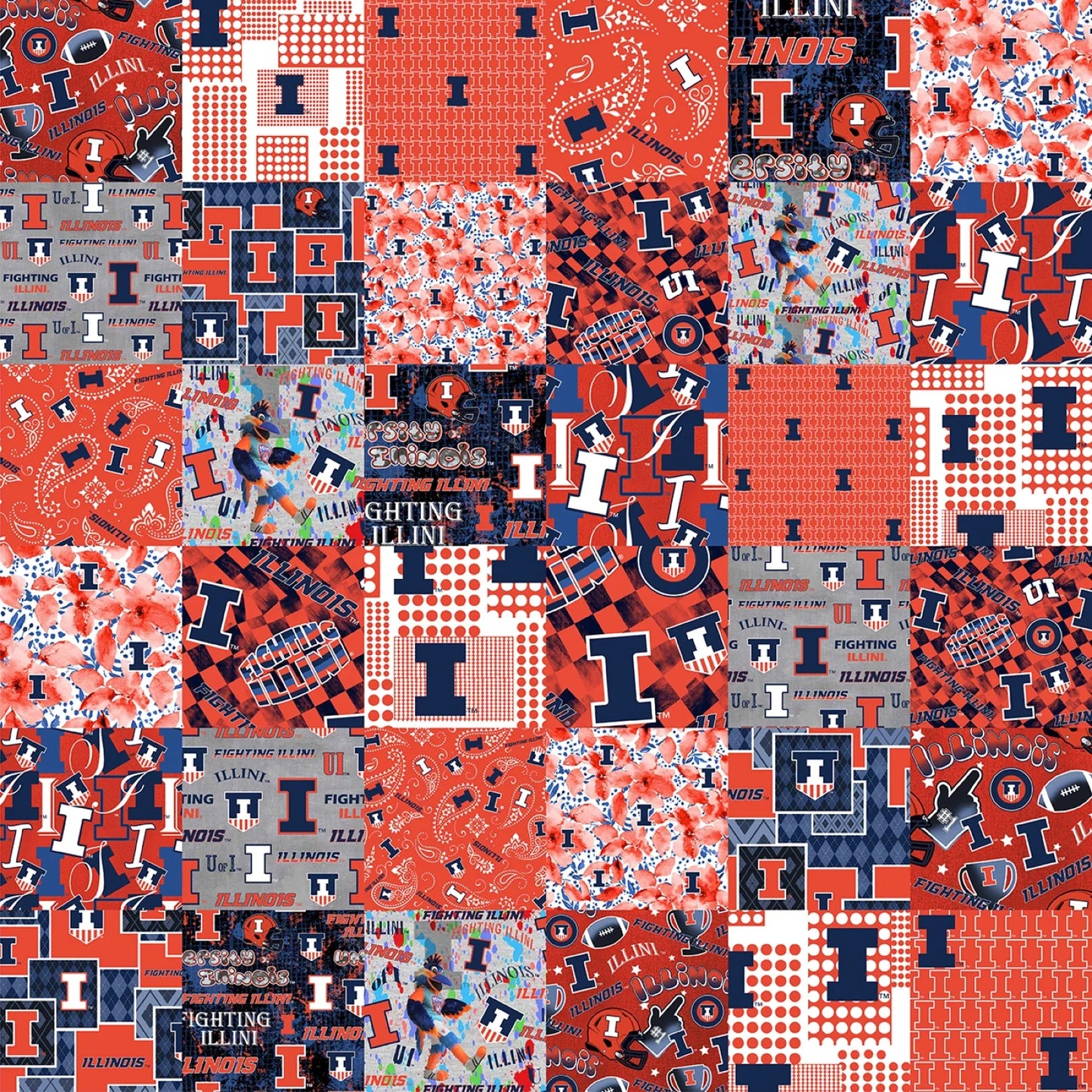 Illinois Fighting Illini NCAA College Cheater Quilt Allover 60" Sykel Enterprises Cotton Fabric SYK-ILL-1363