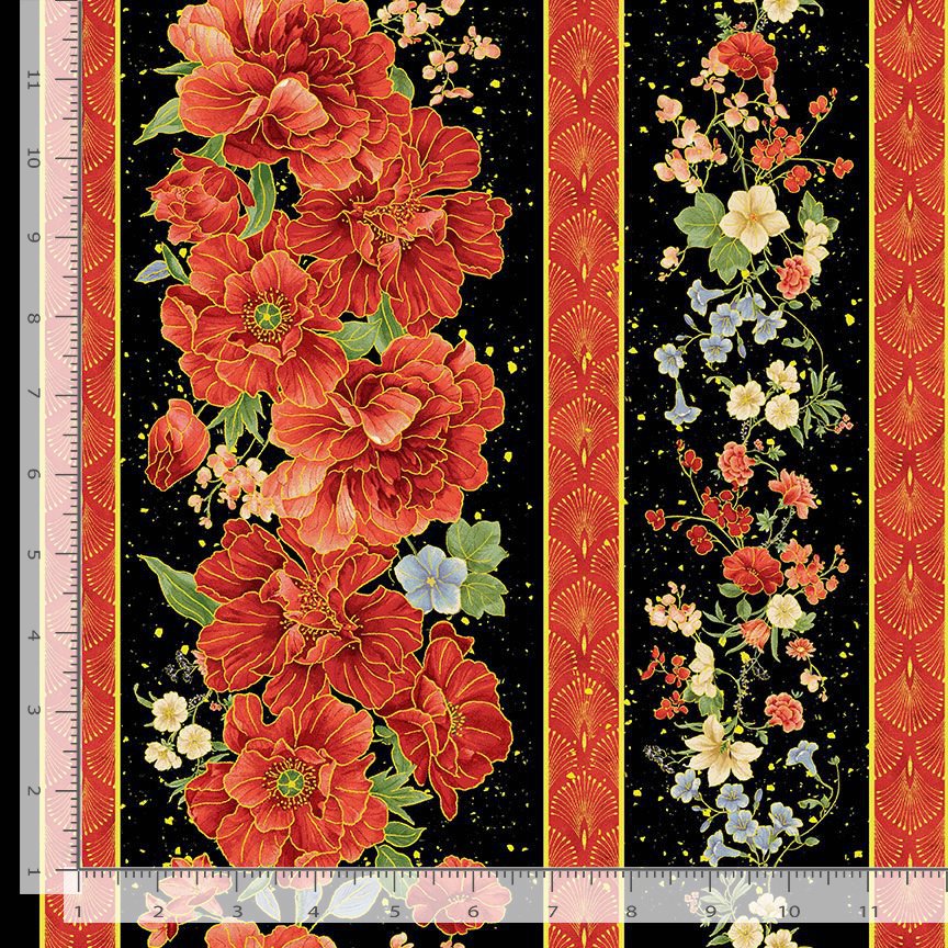 Imperior Bloom Metallic Stripes 11" Black Red Chong-A-Hwang Timeless Treasures Cotton Fabric TT-IMPERIAL-CM4372-BLACK | US Fabric Shop