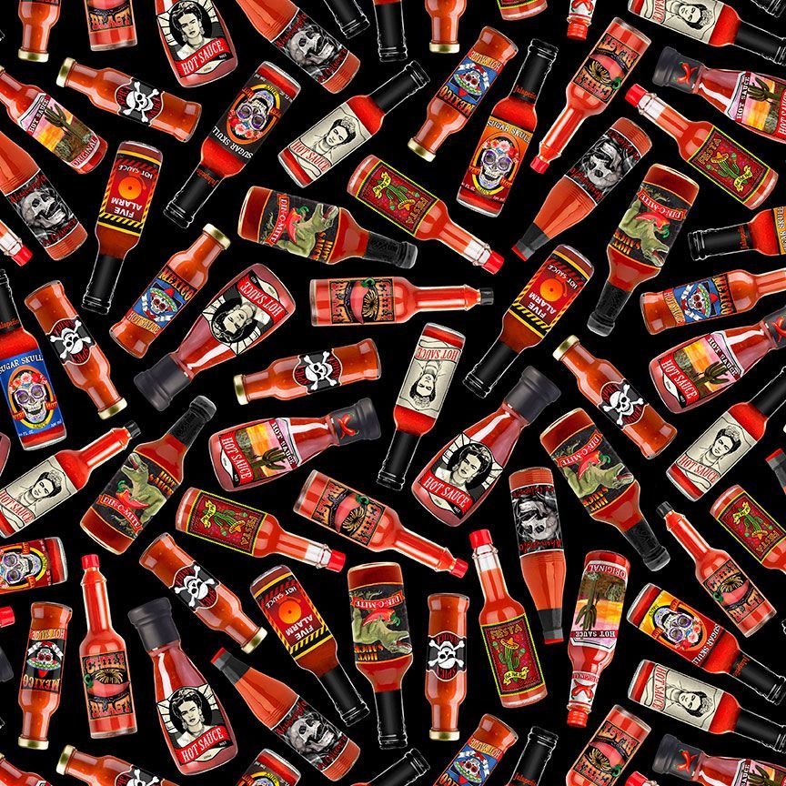 In Queso Emergency Folklore Mexican Hot Sauce Bottles Black Timeless Treasures Cotton Fabric