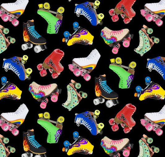 In Motion Roller Skates Tossed Black Elizabeth's Studio Cotton Fabric