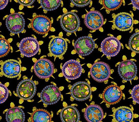 Indigenous Turtles Black Elizabeth's Studio Cotton Fabric ES-31000 Black