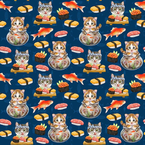 Instagram Famous Sushi Cats Navy Blue Kayomi Harai Studio E Cotton Fabric