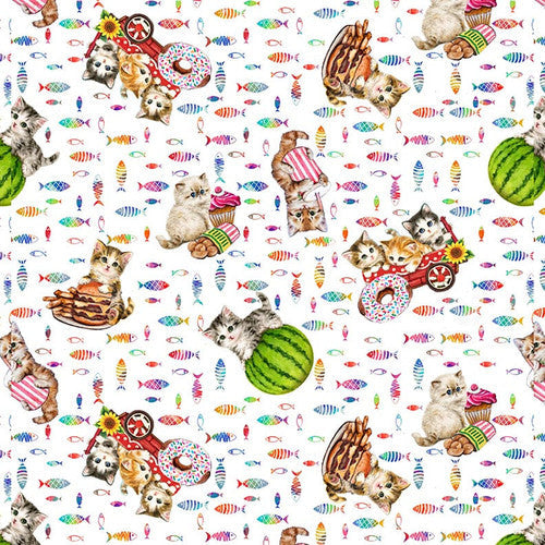 Instagram Famous Tossed Cats White Kayomi Harai Studio E Cotton Fabric