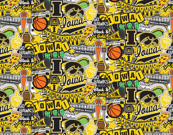 Iowa Hawkeyes NCAA College Doodle Allover Sammy Sykel Cotton Fabric IA-2001