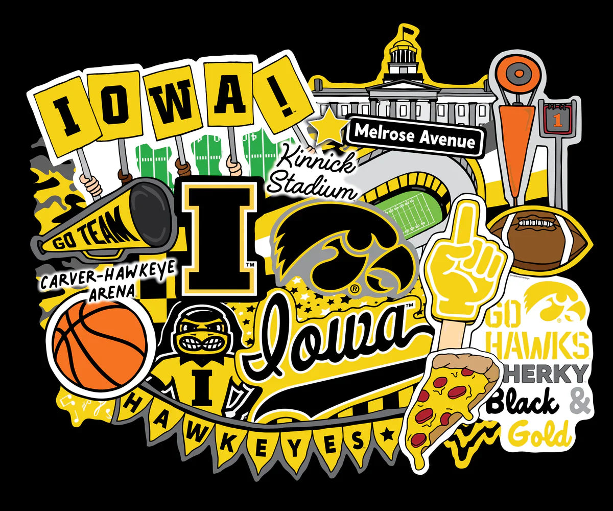 Iowa Hawkeyes NCAA College Doodle Panel 36"x43" Sammy Sykel Enterprises Cotton Fabric SYK-IA-2000