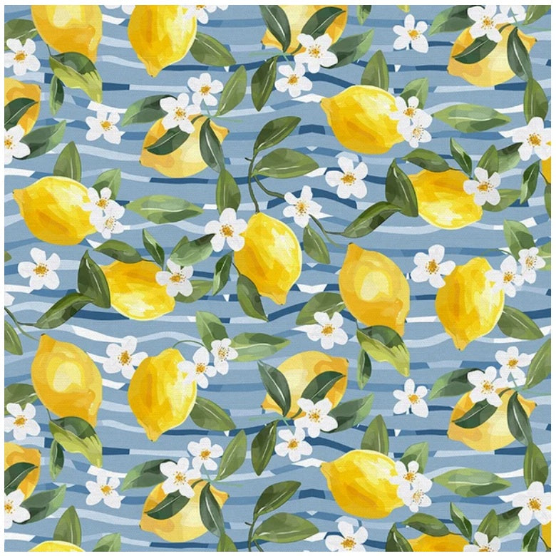 Italian Citrus Lemon Stripes Blue Paintbrush Studios Cotton Fabric PBS-120-26421