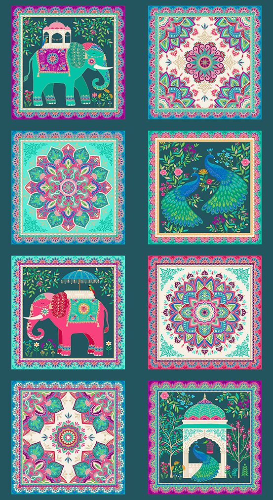 Jaipur Squares Panel 24" Gold Metallic Makower UK Andover Fabrics Cotton Fabric