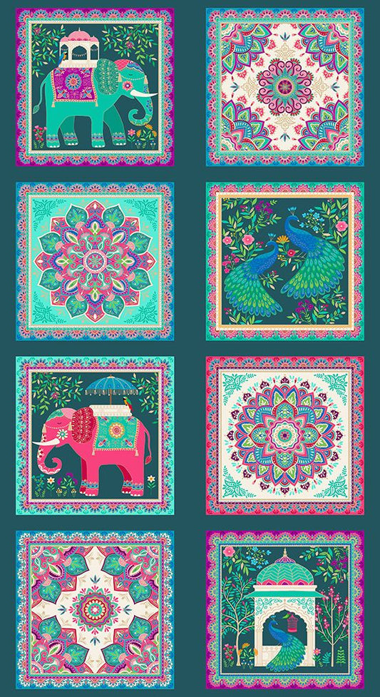 Jaipur Squares Panel 24" Gold Metallic Makower UK Andover Fabrics Cotton Fabric