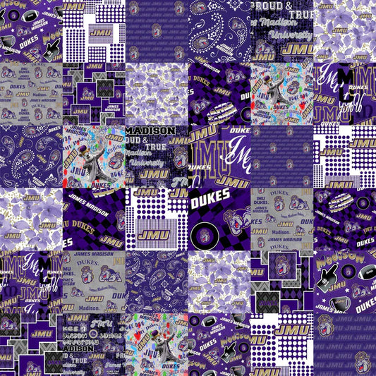 James Madison Dukes NCAA College Cheater Quilt Allover 60" Sykel Cotton Fabric SYK-JMU-1363