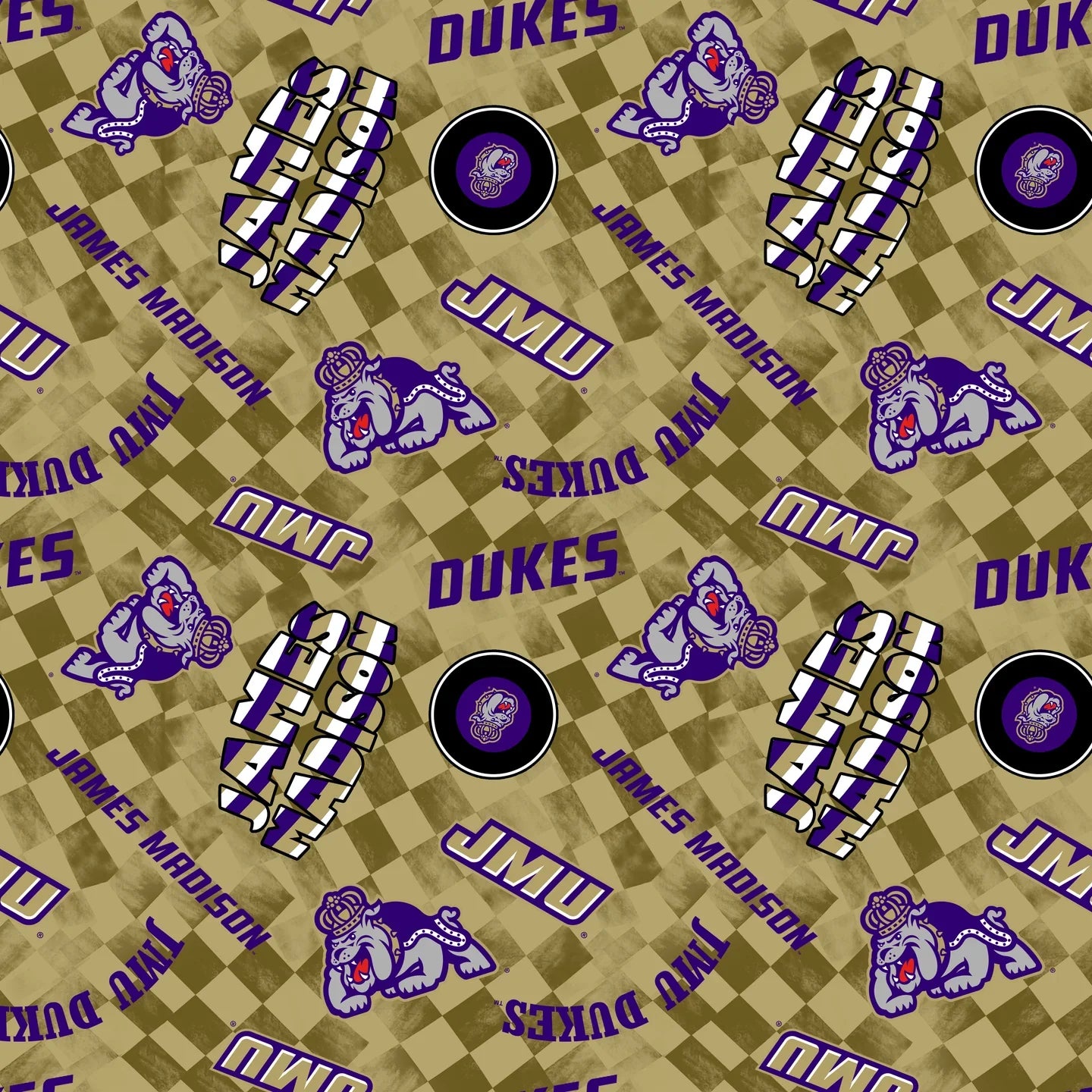 James Madison Dukes NCAA College Checks Beige Sykel Enterprises Canvas Duck Cloth Cotton Fabric JMU-1380-BEIGE
