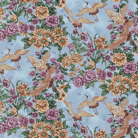 Japanese Floral & Cranes Allover Japanese Elegance Sykel Cotton Fabric