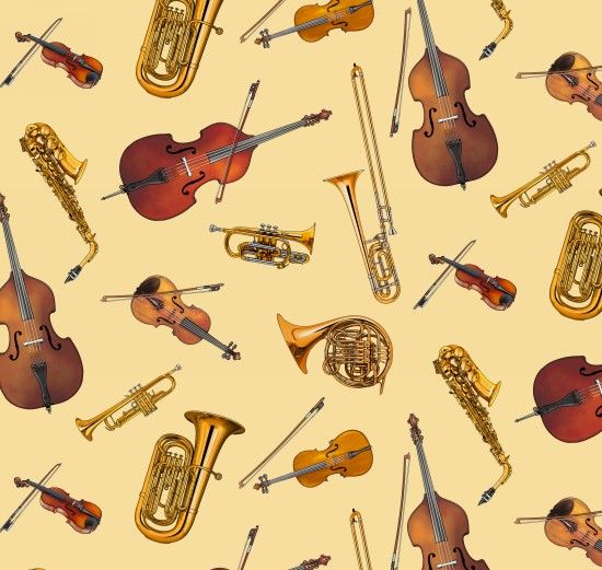 Jazz Music Musical Instruments Gold Elizabeth's Studio Cotton Fabric ES-649 Gold