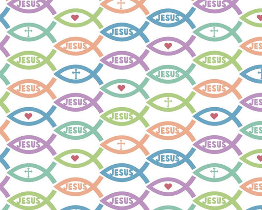 Jesus Icons Colorful Ichthys Icons White David Textiles Cotton Fabric DT-DX-2390-1C-1