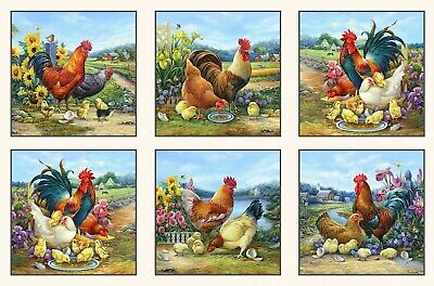 Joyful Countryside Hen Roosters Chicks Block Panel 24" Cream Elizabeth's Studio Cotton Fabric