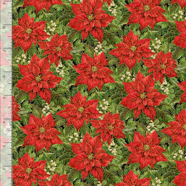 Joyful Packed Poinsettia & Leaves Metallic Green Dona Gelsinger Timeless Treasures Cotton Fabric TT-DONA-CM3713-GREEN