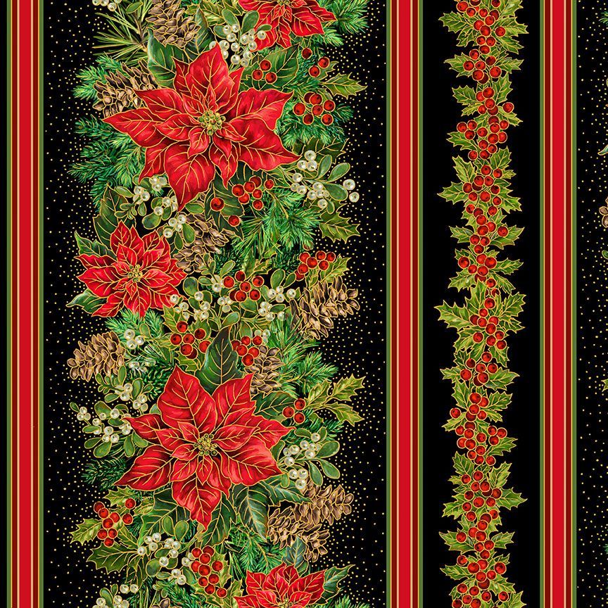 Joyful Poinsettia Border Stripe Metallic Black Dona Gelsinger Timeless Treasures Cotton Fabric TT-DONA-CM3712-BLACK