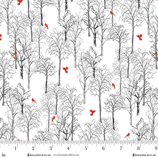 Joyful Snowmen Trees and Cardinals White Gray Barb Tourtillotte Henry Glass Cotton Fabric HG-2086-09
